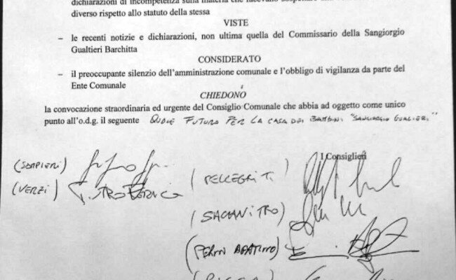 Sangiorgio Gualtieri. 12 Consiglieri chiedono convocazione straordinaria ed urgente del Consiglio Comunale